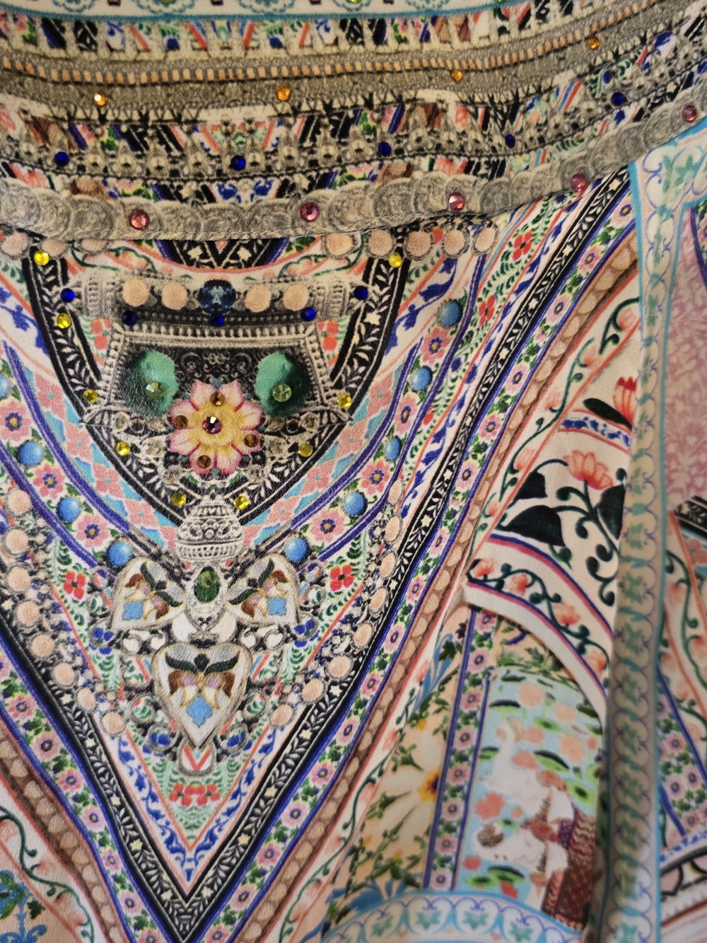 Camilla Silk Embellished Print V-Neck Blouse with Beaded Tassels - Picture 6 of 13